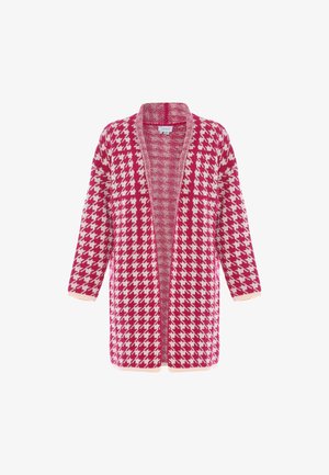 Gebreid vest met een roze en witte pied-de-poule patroon, open voorkant en driekwart mouwen. Gelaagd stof met geribde manchetten.