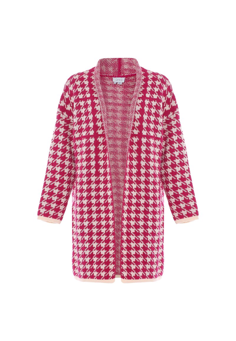 Kötött kardigán rózsaszín és fehér houndstooth mintával, nyitott elülső résszel és háromnegyedes ujjal. Texturált anyag ribbelt mandzsettákkal.