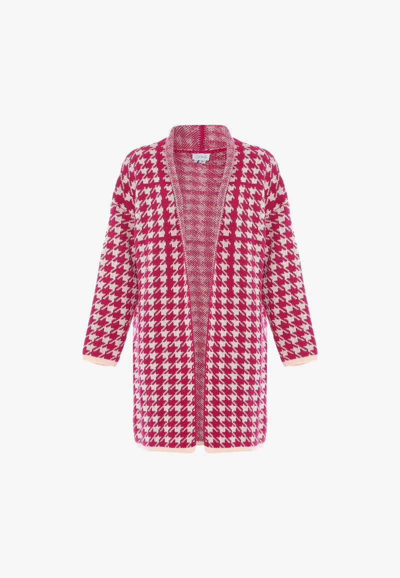 Kötött kardigán rózsaszín és fehér houndstooth mintával, nyitott elülső résszel és háromnegyedes ujjal. Texturált anyag ribbelt mandzsettákkal.
