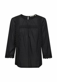 Schwarze Bluse mit langen Ärmeln, strukturiertem Stoff, besticktem Spitzenbesatz entlang des Halsausschnitts und Saums, rückwärtiger Schlüssellochverschluss.