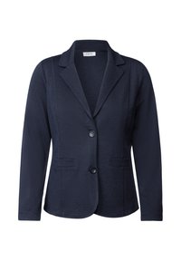 Blazer bleu marine en tissu texturé, avec un col cranté, deux poches avant et une fermeture à un bouton. Coupe classique et ajustée.