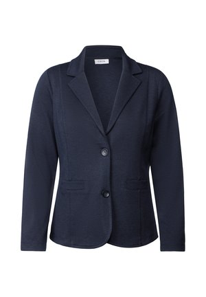 Blazer bleu marine en tissu texturé, avec un col cranté, deux poches avant et une fermeture à un bouton. Coupe classique et ajustée.