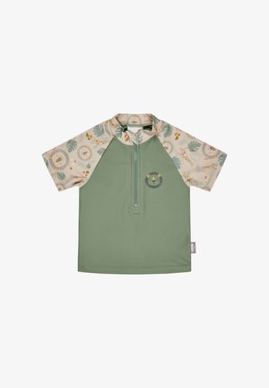 Green short-sleeve children's shirt with zipper front, lion face on chest, and beige sleeves with animal and leaf patterns.