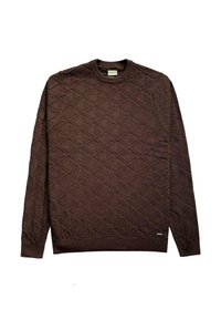 Brauner Pullover mit einem strukturierten Diamantmuster, geripptem Rundhalsausschnitt und -bündchen, aus einem weichen Stoff mit glatter Oberfläche gefertigt.
