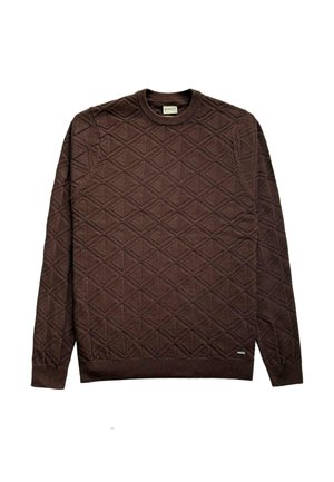 Hnědý svetr s texturovaným diamantovým vzorem, žebrovaným kulatým výstřihem a manžetami, vyrobený z měkké tkaniny s hladkým povrchem.