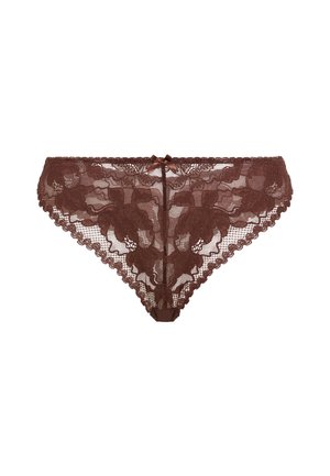 Καφέ δαντελωτό εσώρουχο σε στυλ μπικίνι με floral μοτίβα και ένα μικρό διακοσμητικό φιόγκο στο κέντρο της μπροστινής μέσης σε λευκό φόντο.