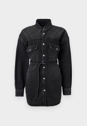 Black denim shirt dress with long sleeves, two chest pockets, button closure down the front, and a matching belted waist.