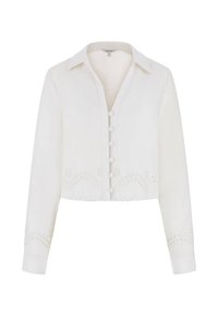 White cropped blouse with long sleeves, button front, collar, and intricate eyelet embroidery detailing along the hem and sleeve edges.