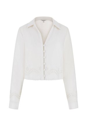 Blusa bianca cropped con maniche lunghe, chiusura a bottoni, colletto e dettagli intricati in ricamo ad occhiello lungo l'orlo e i bordi delle maniche.