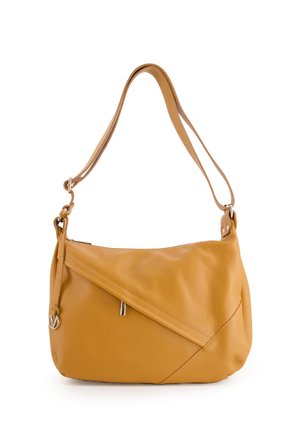 Musztardowa żółta skórzana torebka na ramię o krzywym kształcie, ukośnym przeszyciu, z kieszenią na zamek błyskawiczny i pojedynczym regulowanym paskiem.