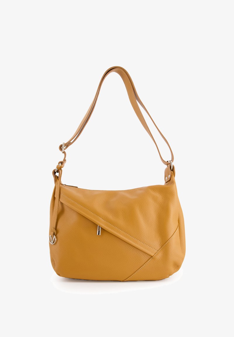 Mustard yellow leather shoulder bag with a curved shape, diagonal stitching, a zippered pocket, and a single adjustable strap.