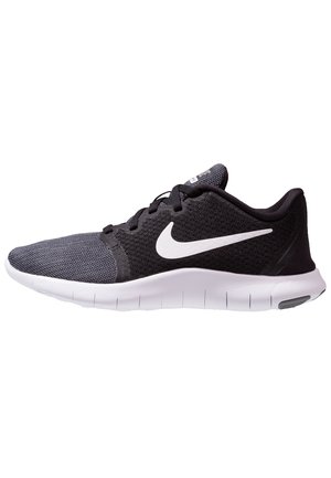 Sort og grå Nike løbesko med hvid sål og hvid Nike swoosh-logo, vinklet mod venstre på en hvid baggrund.