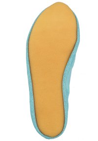 Helles blauer Schuhsohlen mit glatter, weicher Textur und leicht erhöhtem Rand; Unterseite ist in einem kontrastierenden goldgelben Farbton.