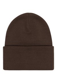 Brown knit beanie with a folded cuff, featuring a smooth texture and rounded top. Made from fabric suitable for cold weather.