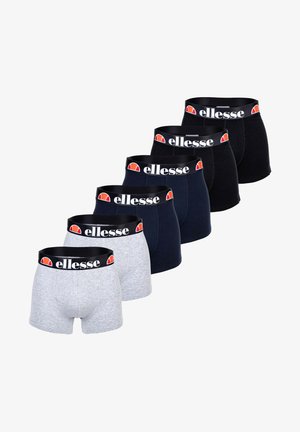 Seis pares de bóxers de la marca elleese en gris, marino y negro. Cada par cuenta con una cinturilla elástica negra con un logotipo en rojo y blanco.