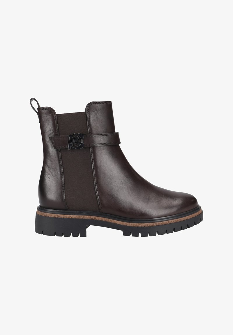 Stivaletti in pelle marrone con pannelli elastici sui lati e una fascia decorativa. Presentano una suola in gomma texturizzata e un discreto dettaglio del logo sulla fascia.