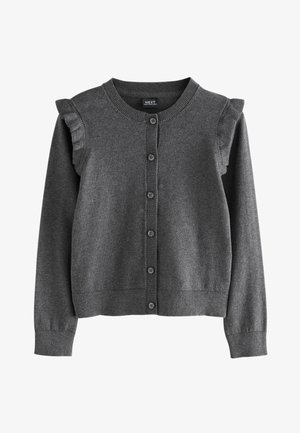 Graue Strickjacke mit weißem Kragen, sechs Knöpfen vorne, Rippdetails an den Bündchen und einer weichen Textur.