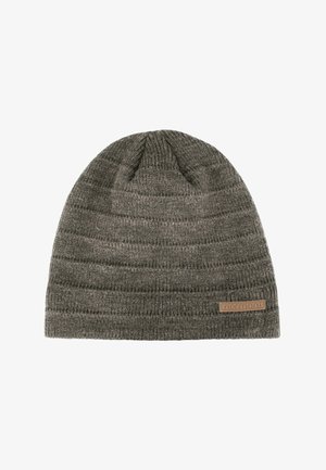 Gray knitted beanie with ribbed texture and a small rectangular brown leather label on the edge reading "normani."