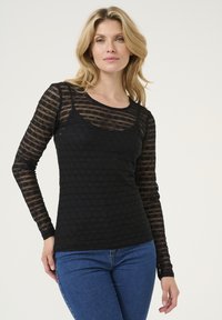 Zwarte lange mouwen top met een gestructureerd, gestreept patroon. Slim fit, ronde halslijn, gelaagd stof, gecombineerd met blauwe spijkerbroek.