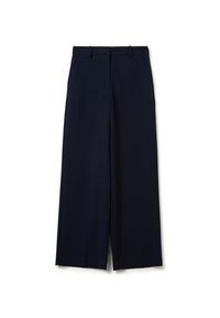 Navy wijde broek met een gladde textuur, vlakke voorkant, riemlussen en zijzakken. Rechte zoom, geschikt voor casual of formele gelegenheid.