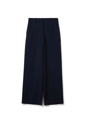 Navy-weite Beinhosen aus einem glatten Material, mit flachem vorderen Teil, Gürtelschlaufen und Seitentaschen. Gerader Saum, geeignet für legere oder formelle Anlässe.