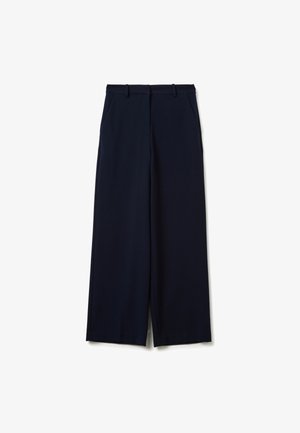 Navy wide-leg trousers with a smooth texture, flat front, belt loops, and side pockets. Straight hem, suitable for casual or formal wear.