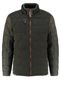 Veste matelassée vert foncé avec col haut côtelé, fermeture éclair avant, poche poitrine verticale avec fermeture éclair, et poches latérales à boutons-pression.