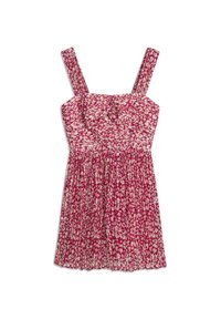 Bloemrijke jurk in roze en crème, met een geplooide rok, een aansluitend lijfje met gather-detail en dunne schouderbandjes.