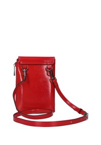 Red leather crossbody bag with a glossy finish. Features a flap closure, adjustable strap, and metallic hardware accents. Compact and rectangular.
