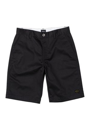 Black knee-length shorts with front pockets, belt loops, button closure, and a small RVCA logo patch on the left leg hem.