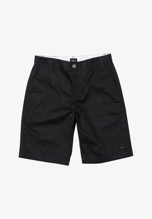 Black knee-length shorts with front pockets, belt loops, button closure, and a small RVCA logo patch on the left leg hem.