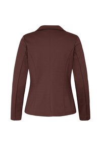 Veste marron sur mesure avec manches longues, taille ajustée et col, vue de dos sur fond blanc.