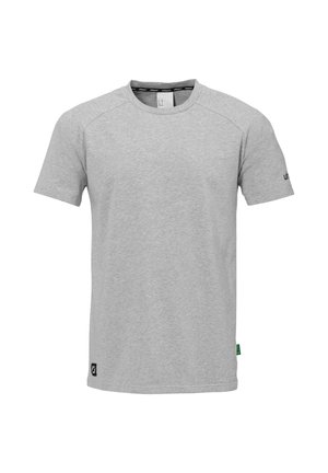 Grå bomulds t-shirt med korte ærmer, rund hals og raglan-ærmedesign. Har et lille brandlogo på sidekanten.