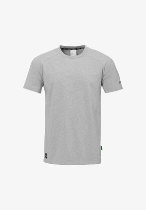Graues Baumwoll-T-Shirt mit kurzen Ärmeln, rundem Halsausschnitt und Raglan-Ärmel-Design. Verfügt über ein kleines Markenlogo am seitlichen Saum.