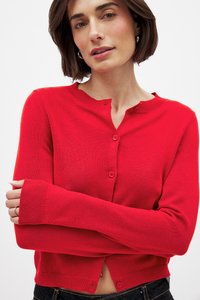 Punane, pikkade varrukatega kardigan, mis on valmistatud kudumiskangast, ümarate kaelustega, esiküljel nööbid ja soonikkoes mansetid. Tihedalt istuv ja lühendatud hemiga.