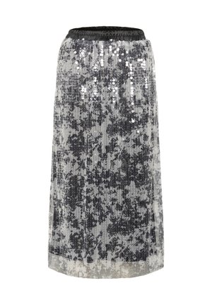 Zilveren paillettenrok met een geplooid ontwerp en een zwarte elastische tailleband. De stof combineert grijstinten met een abstract patroon.