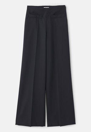 Zwarte wijde broek met geplooide voorkant, twee zijzakken en een gladde, gestructureerde stof. Strakke lijnen en op maat gemaakte pasvorm.