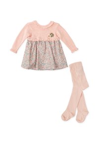 Vestido de punto rosa claro con falda floral, escote con volantes y adornos de flores. Incluye medias rosa claro a juego.