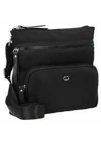 Schwarze Nylon-Crossbody-Tasche mit zwei Reißverschlusstaschen, einem verstellbaren Schulterriemen und einem silbernen Logo-Akzent an der Vorderseite.