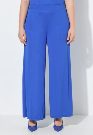 Blå højtaljede vide bukser kombineret med matchende top og blå spidse hæle på en stående person foran en hvid baggrund.