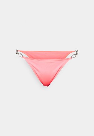 Pink swim bikini bottom with a smooth texture, featuring metal ring accents on the sides and a low-rise design.