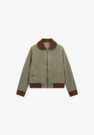 Oliwkowa kurtka bomberka z brązowym sztucznym kołnierzem z futra. Posiada zamek błyskawiczny, dwie boczne kieszenie oraz ściągacze na dole i mankietach.