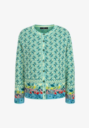 Türkiser Strickcardigan mit kreisförmigen und geometrischen Mustern, grünen Knöpfen und einem bunten, gemusterten Saum. Lange Ärmel und runder Ausschnitt.