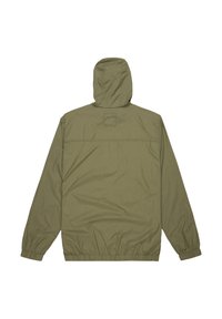 Olijfgroene lichtgewicht jas met een capuchon, elastische boorden en onderzoom. Gladde textuur met een eenvoudig, minimalistisch ontwerp.