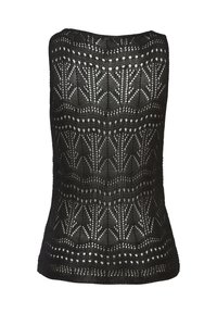 Top nero lavorato a maglia con un design geometrico a rete aperta, caratterizzato da vari motivi e texture. Silhouette aderente e senza maniche.
