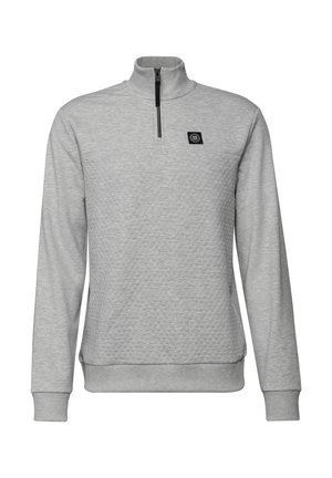 Světle šedá mikina na čtvrt zip vyrobená z texturované látky, s malým černým logem na hrudi a žebrovanými manžetami a lemem.