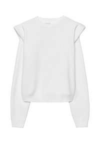 Biely pulóver s dlhými rukávmi, okrúhlym výstrihom, vystuženými ramenami a rebrovanými manžetami a lemom. Mäkká textúra látky.