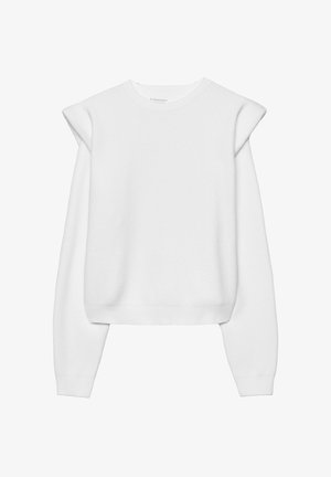 Biely pulóver s dlhými rukávmi, okrúhlym výstrihom, vystuženými ramenami a rebrovanými manžetami a lemom. Mäkká textúra látky.