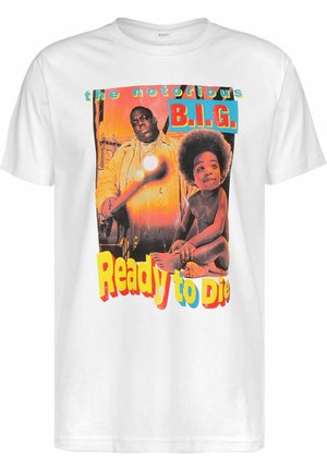 Bílá bavlněná tričko s grafickým potiskem dvou postav v jasných barvách a textem "the notorious B.I.G. Ready to Die."