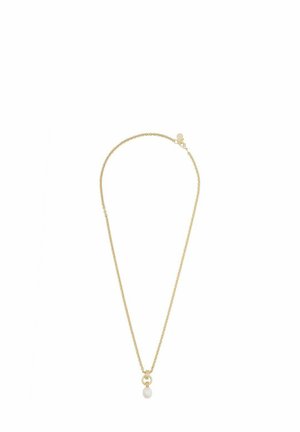 Guldtonad halsband med en delikat kedja och ett cirkulärt hänge som har en pärla. Designen är enkel och elegant, med minimal hårdvara.